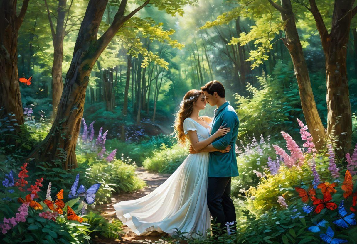 A serene outdoor scene depicting two figures embracing in a lush, vibrant forest filled with blooming flowers and soft, dappled sunlight filtering through the trees. The figures reflect warmth and intimacy, surrounded by elements of nature symbolizing self-love, such as butterflies and softly flowing water. The atmosphere is tranquil and inviting. super-realistic. vibrant colors. nature-inspired.