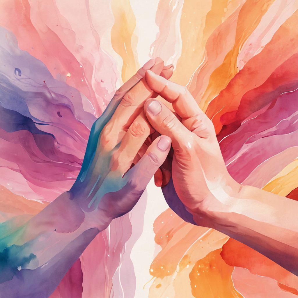 A close-up of two hands gently intertwining, symbolizing emotional connections, with soft, flowing colors that evoke sensuousness. In the background, a subtle blend of abstract shapes representing self-acceptance and flirtation, surrounded by warm light. The atmosphere is intimate and inviting, promoting a sense of depth and warmth. vector art. vibrant colors. soft focus.